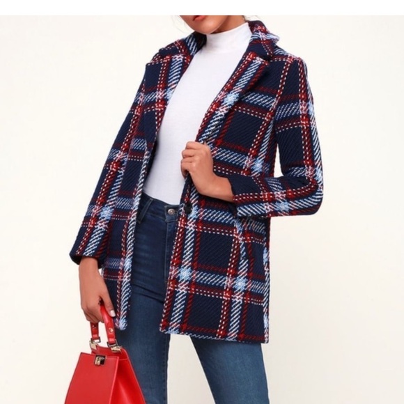 English Factory Navy Plaid Navy Coat - Picture 1 of 6